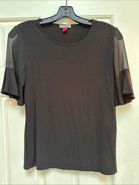 Vince Camuto Black Short-Sleeve Top with Sheer Tiered Sleeves